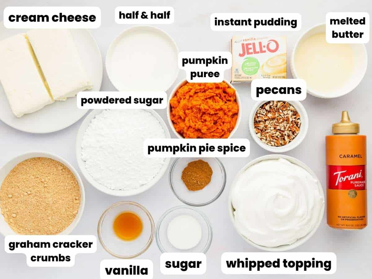 The ingredients needed to make pumpkin lush dessert, all in separate bowls, viewed from above. White text boxes label each item with black text.