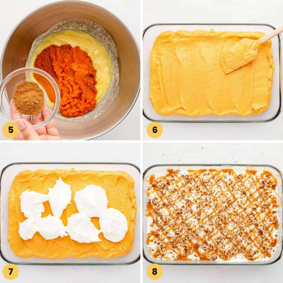 a collage of images illustrating steps 5 through 8 of how to make pumpkin lush