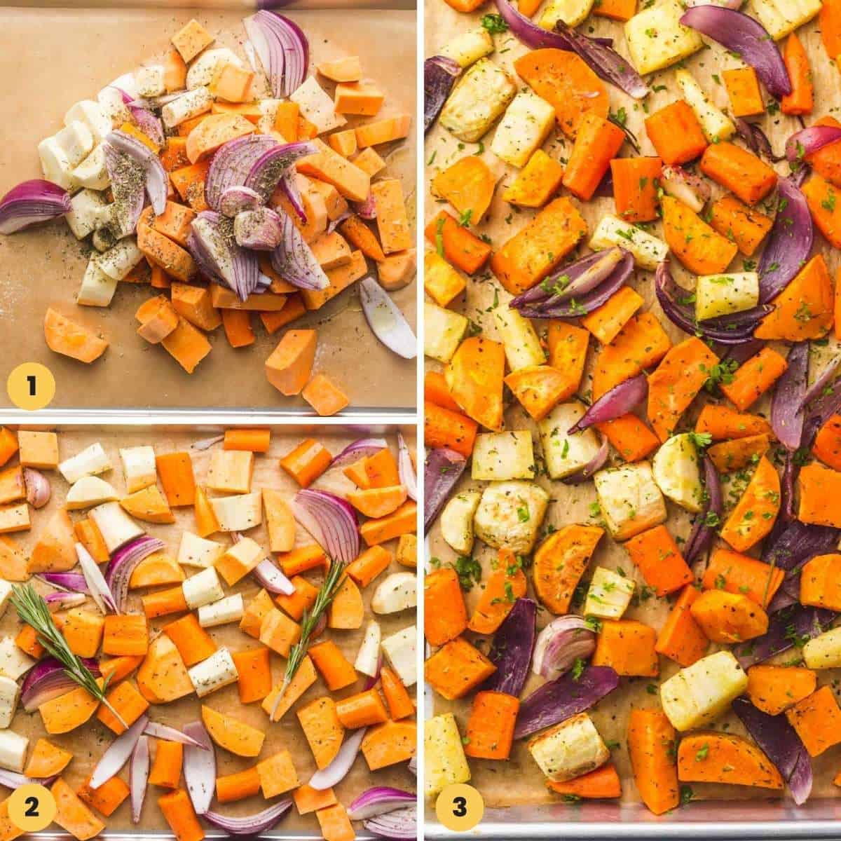 Collage of three images showing how to roast root vegetables