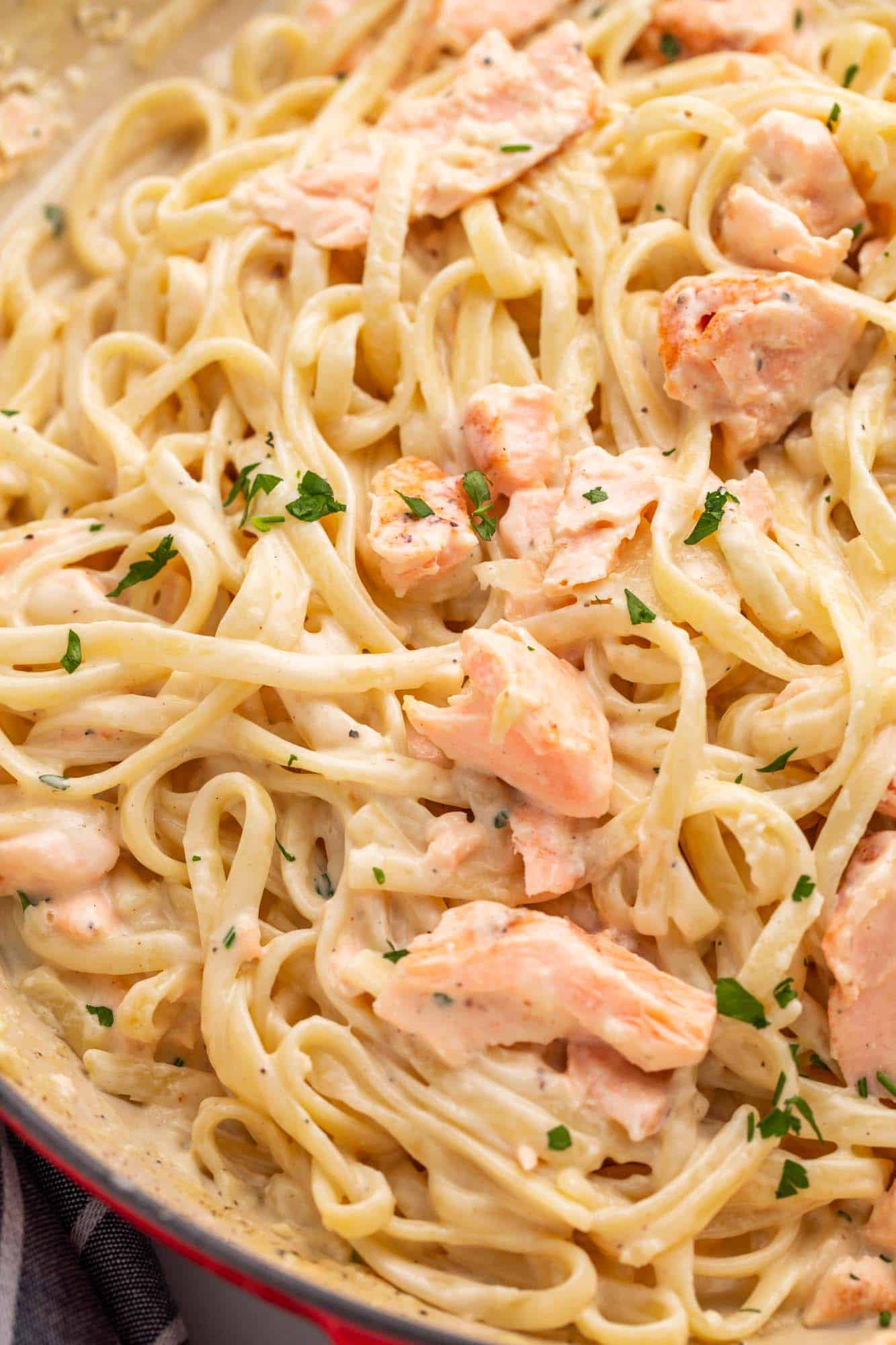 closeup view of linguini with salmon