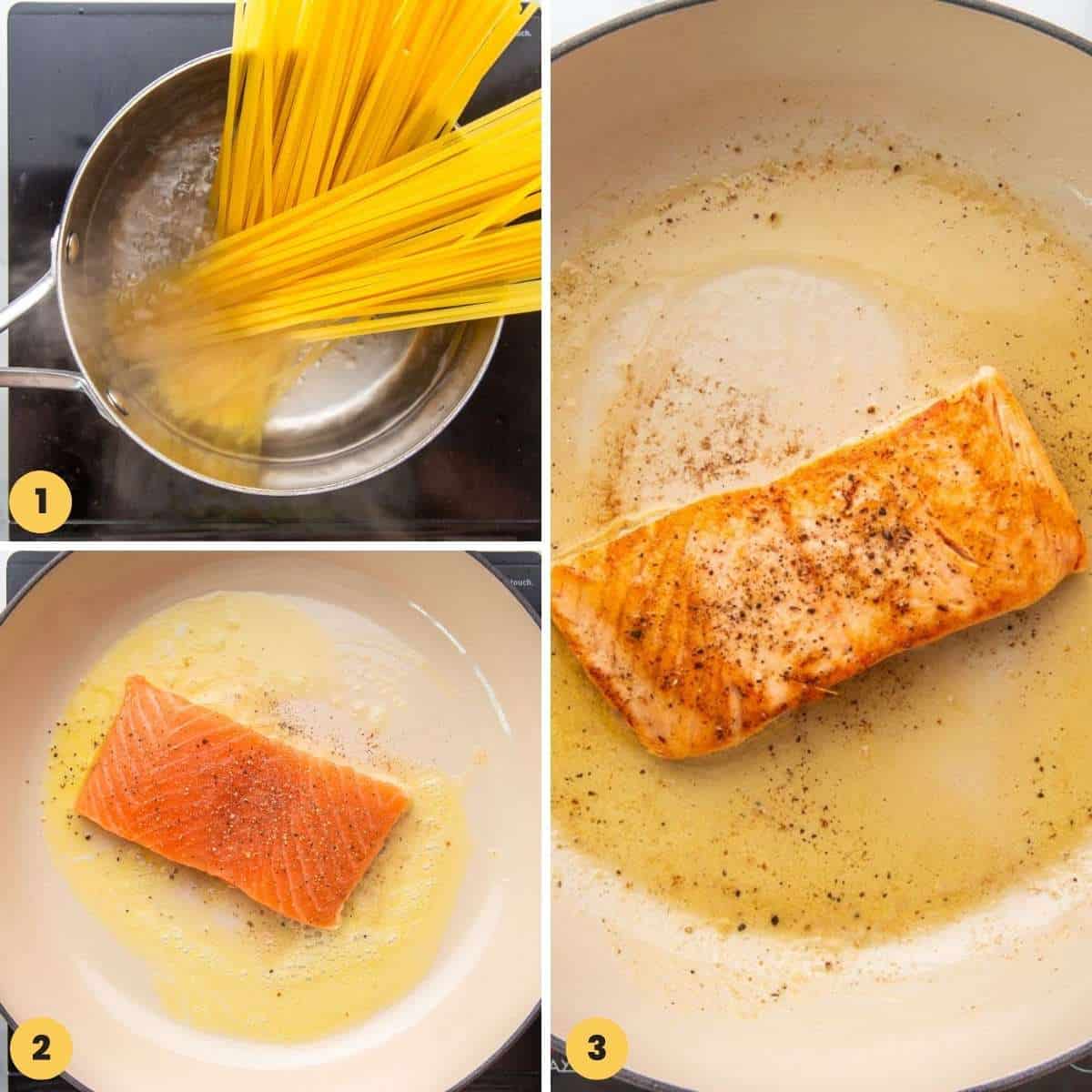 three images showing how to pan fry salmon fillets.