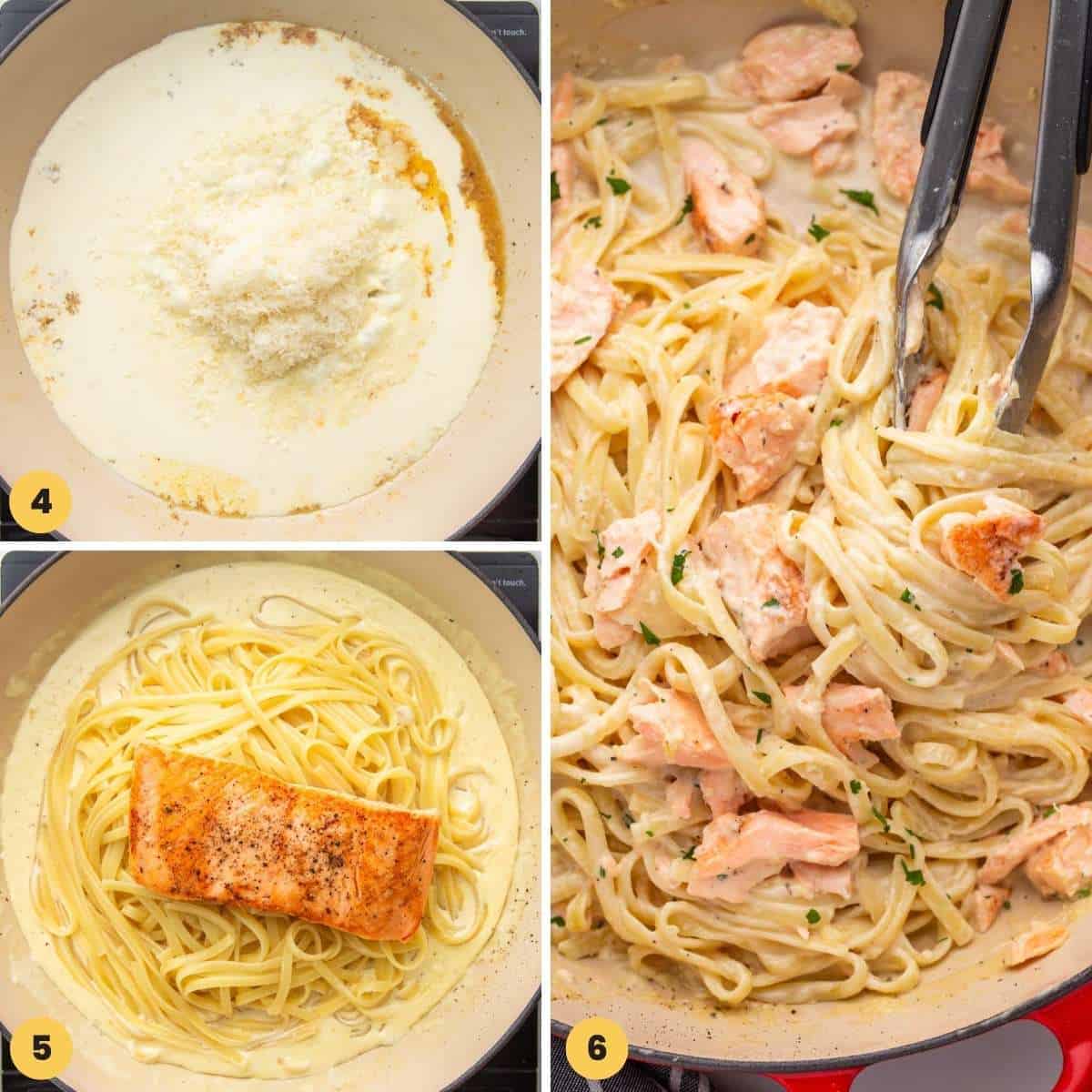 a collage of three images showing to make easy salmon pasta.