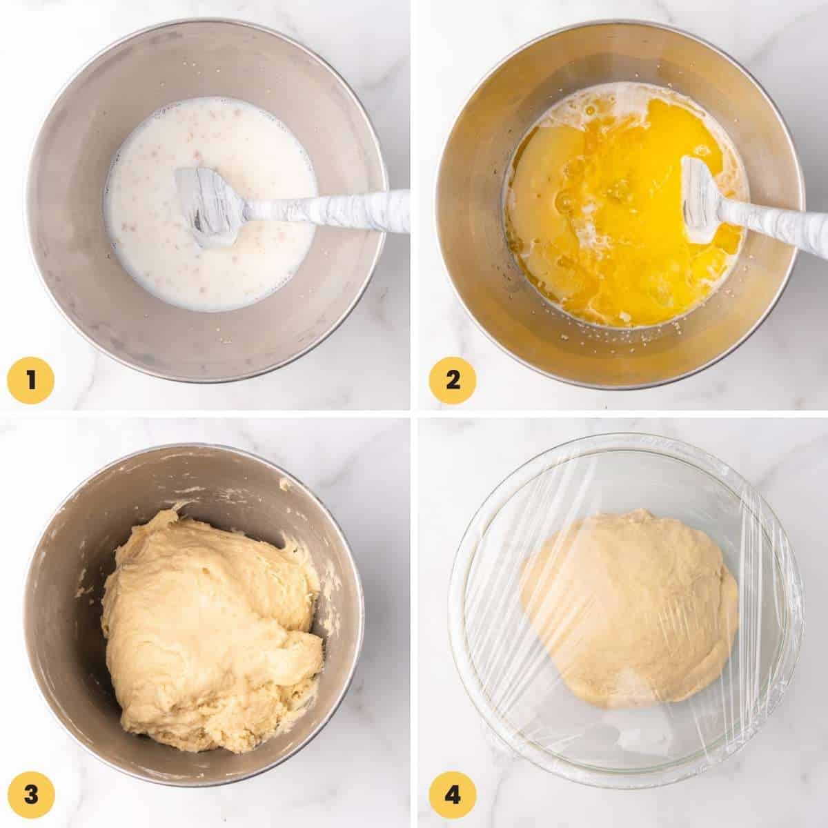 a collage of four images showing how to make the dough for sticky buns. 