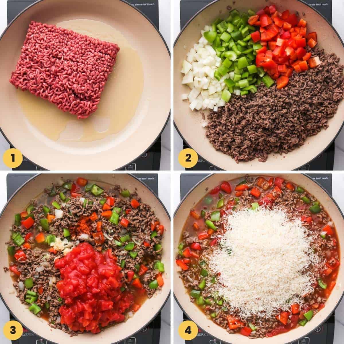 a collage of four images showing how to make the meat mixture for stuffed pepper casserole