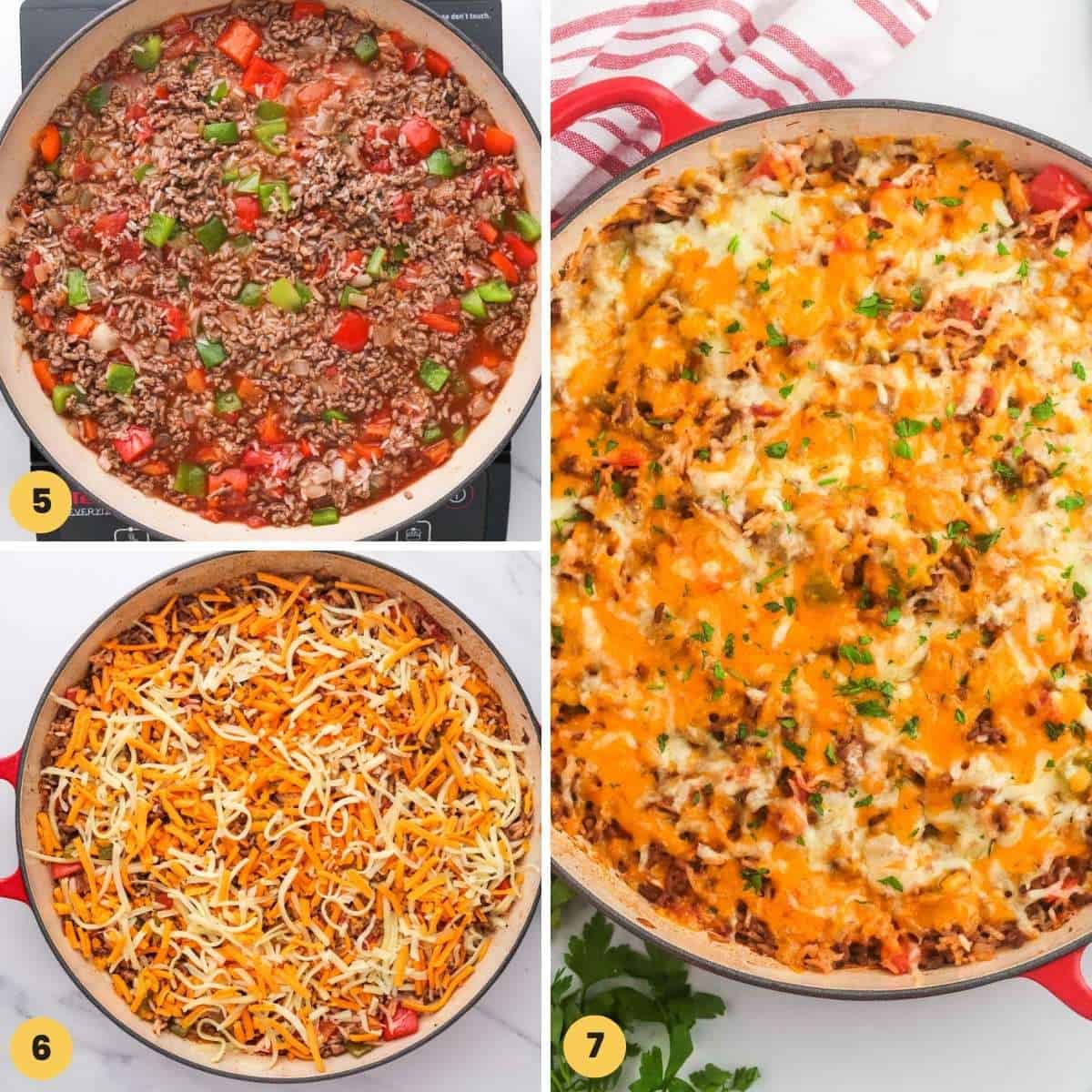 a collage of three images showing how to bake stuffed pepper casserole in a skillet
