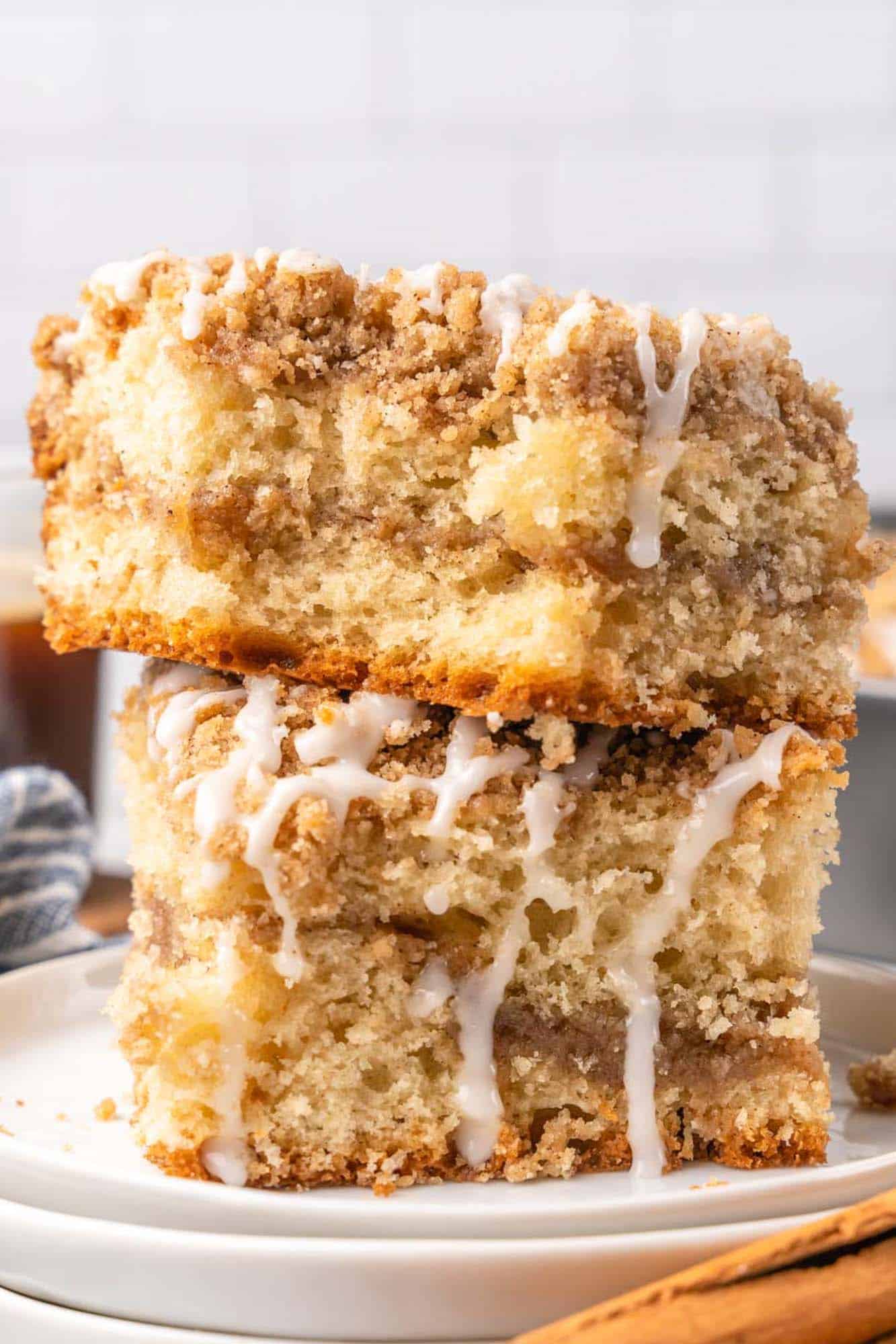 slices of coffee cake stacked on top of each other. 
