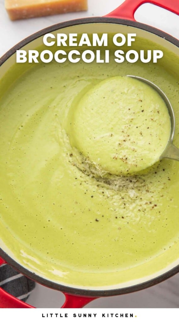 a pot of creamy broccoli soup. A ladle is serving it.