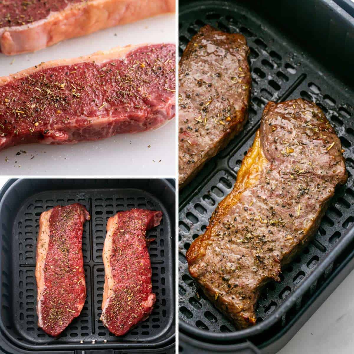 Collage of three images showing how to air fry sirloin steaks