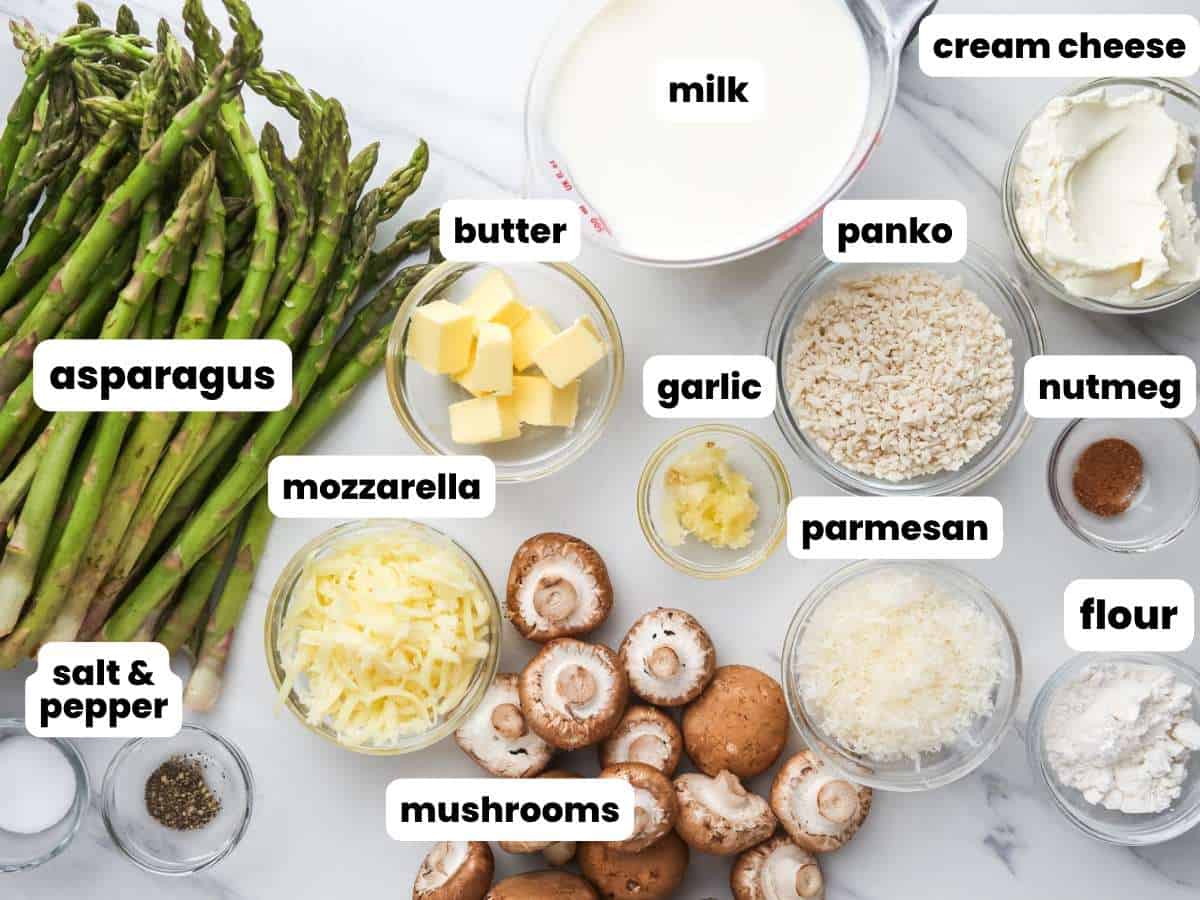 The ingredients need to make asparagus casserole with mushrooms, all measured into small bowls. Text boxes label each image.
