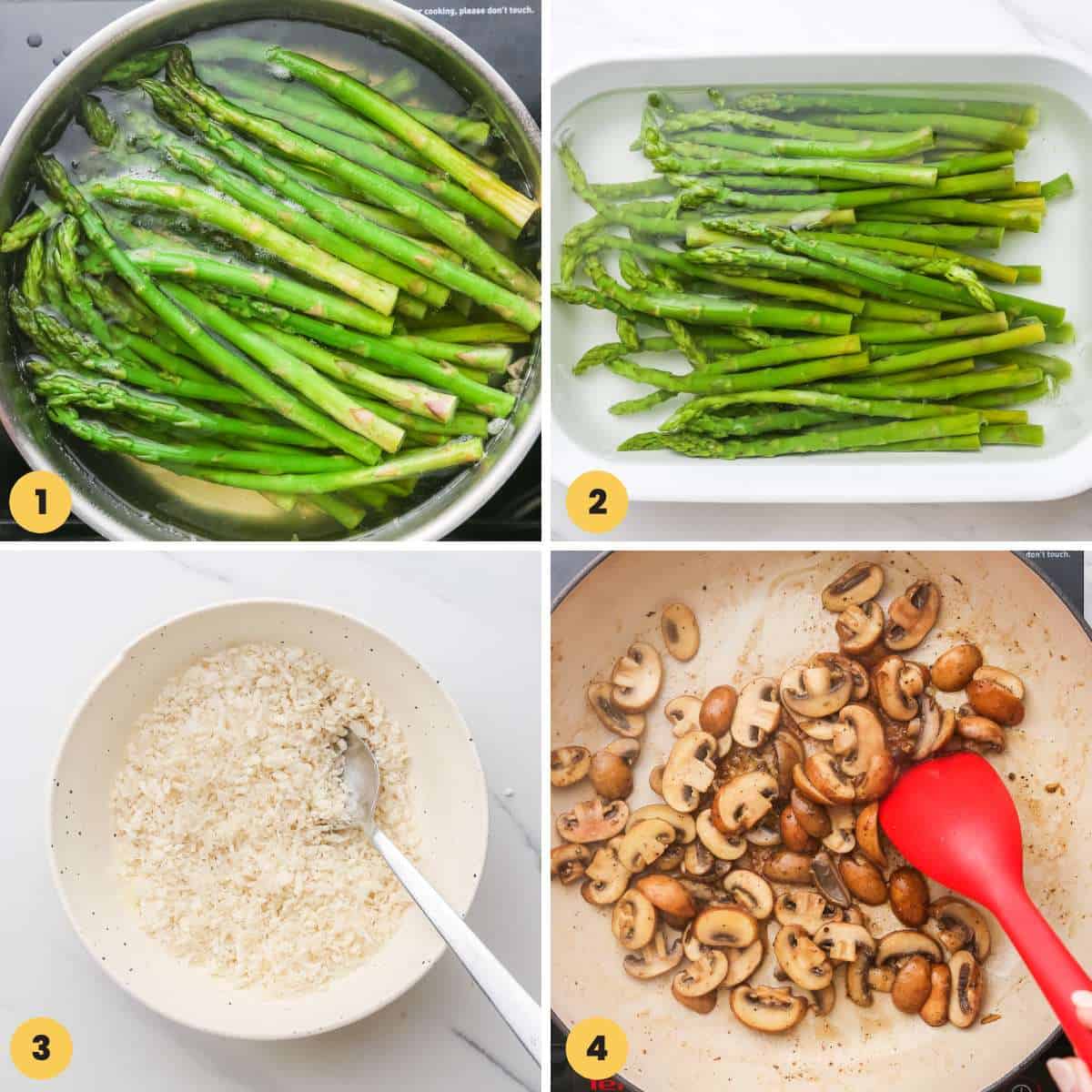 a collage of images showing how to blanch asparagus and start the sauce for casserole.
