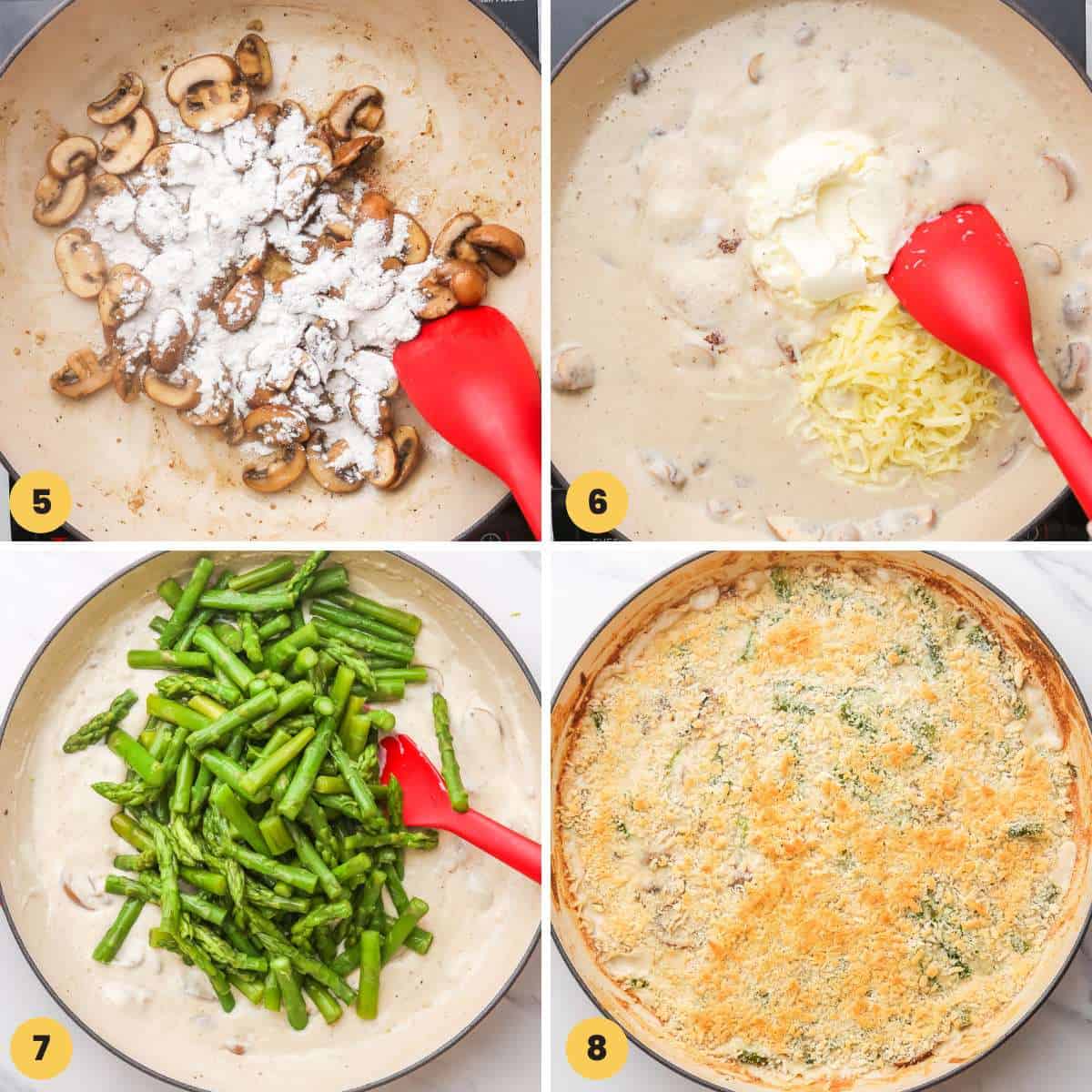 a collage of images showing how to make asparagus casserole in a skillet