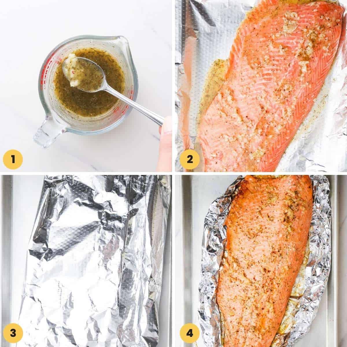 Collage of four images showing how to bake trout