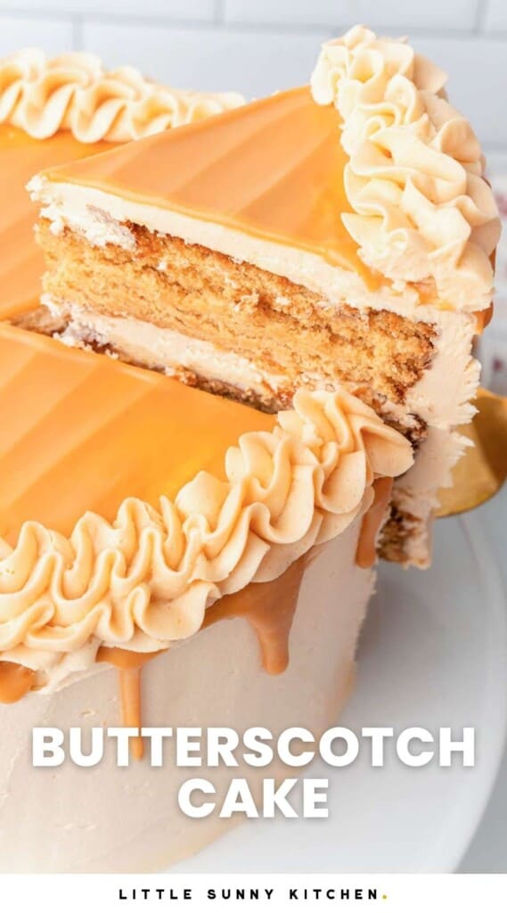A round cake covered in warm brown butterscotch frosting and butterscotch ganache.