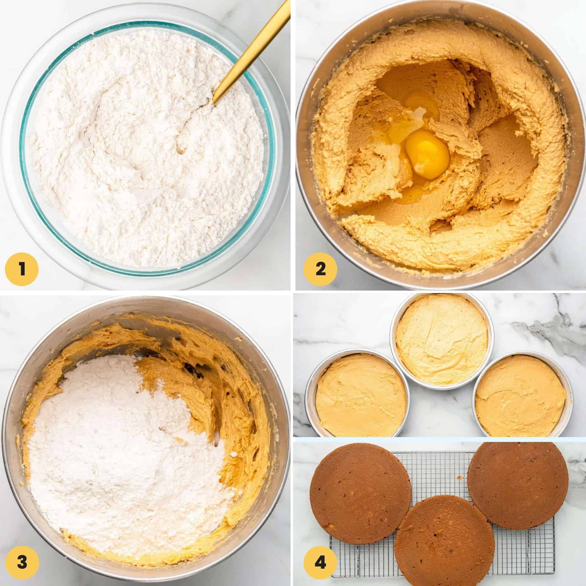 images of four steps needed to make butterscotch cake in three layers