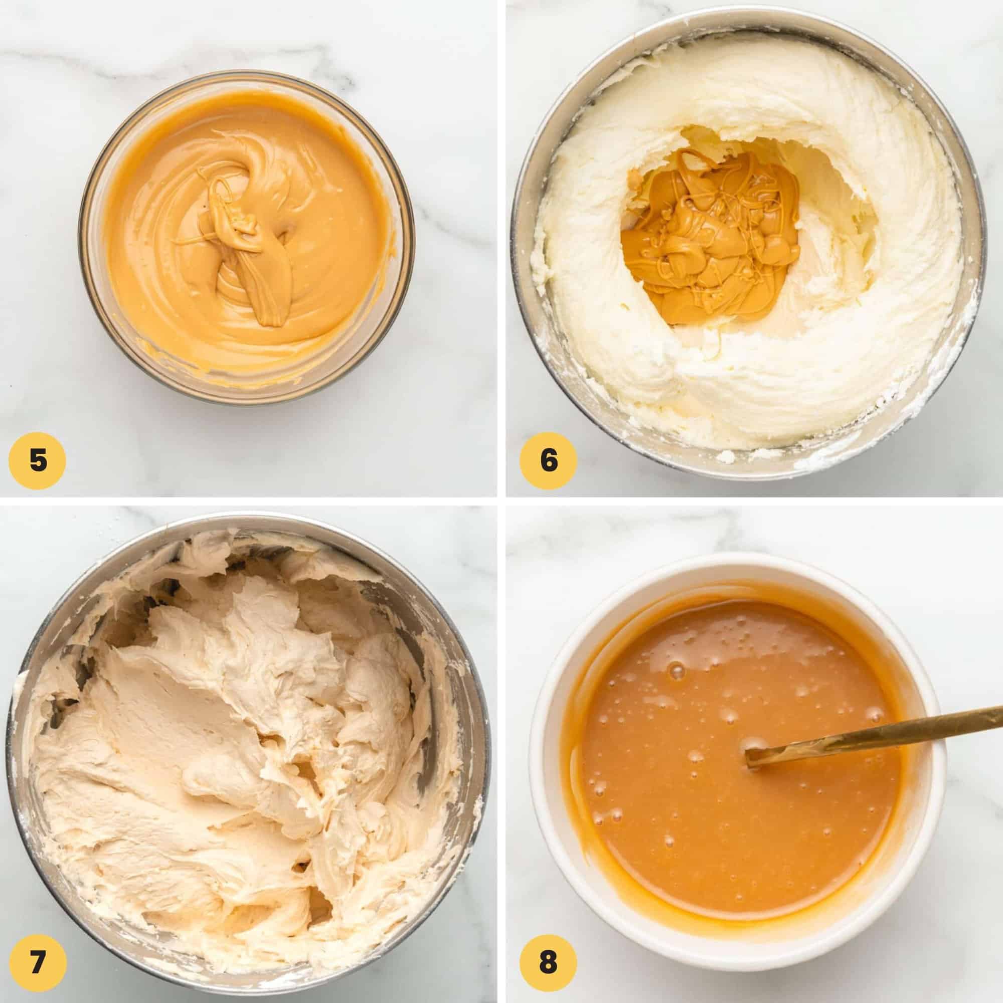 four images showing the steps for making butterscotch frosting.