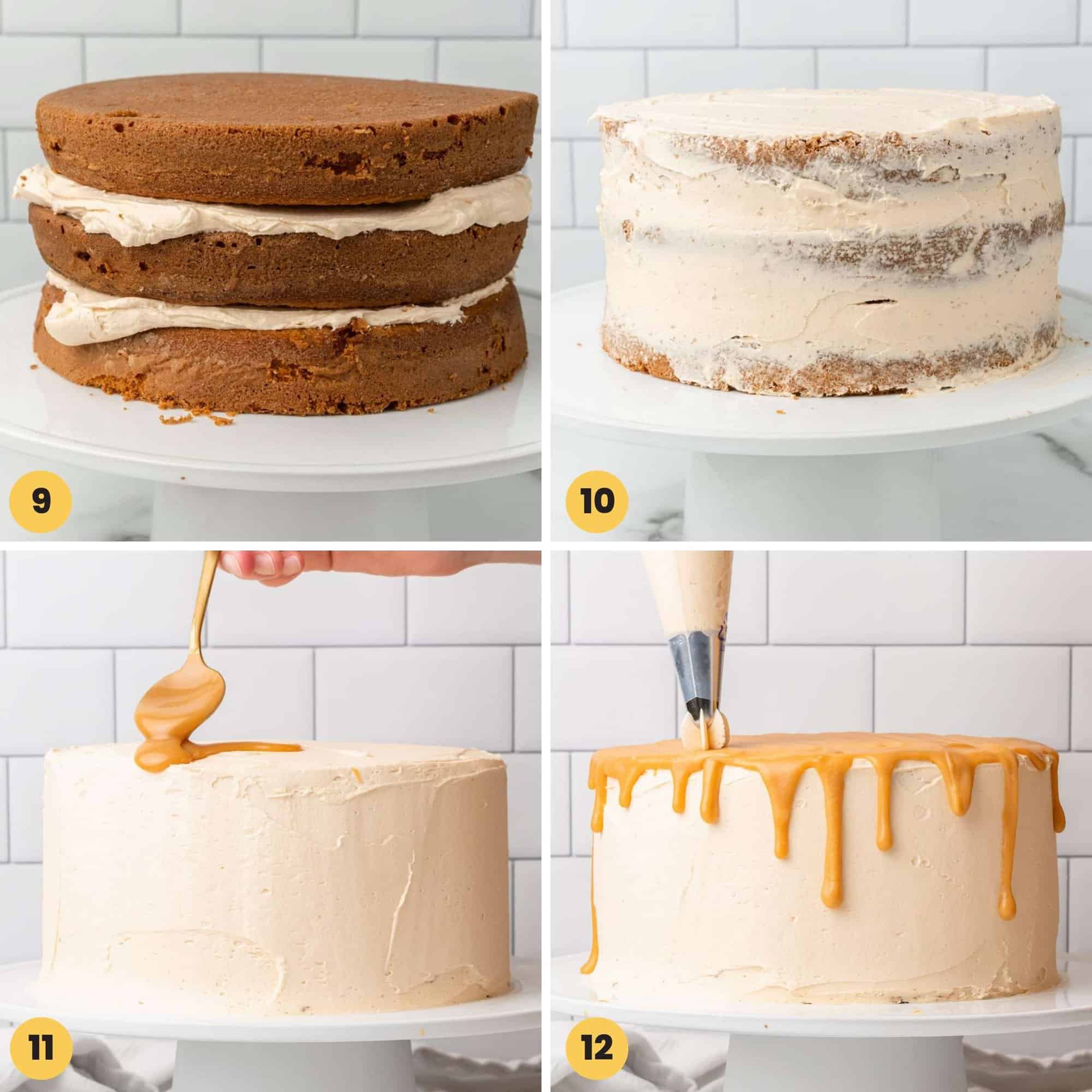 Four photos showing how to layer, frost, and decorate a butterscotch cake with frosting and butterscotch ganache