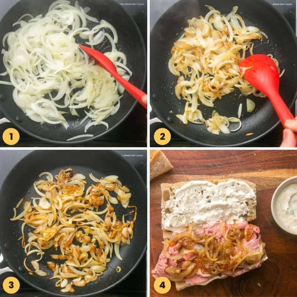 a collage of four images showing how to caramelize onions and add them to a prime rib sandwich with horseradish sauce
