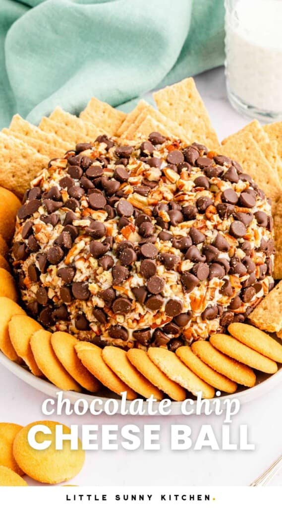 a cream cheese ball with pecans and chocolate chips, surrounded by graham crackers and nilla wafers. Text at bottom of image says "chocolate chip cheese ball"