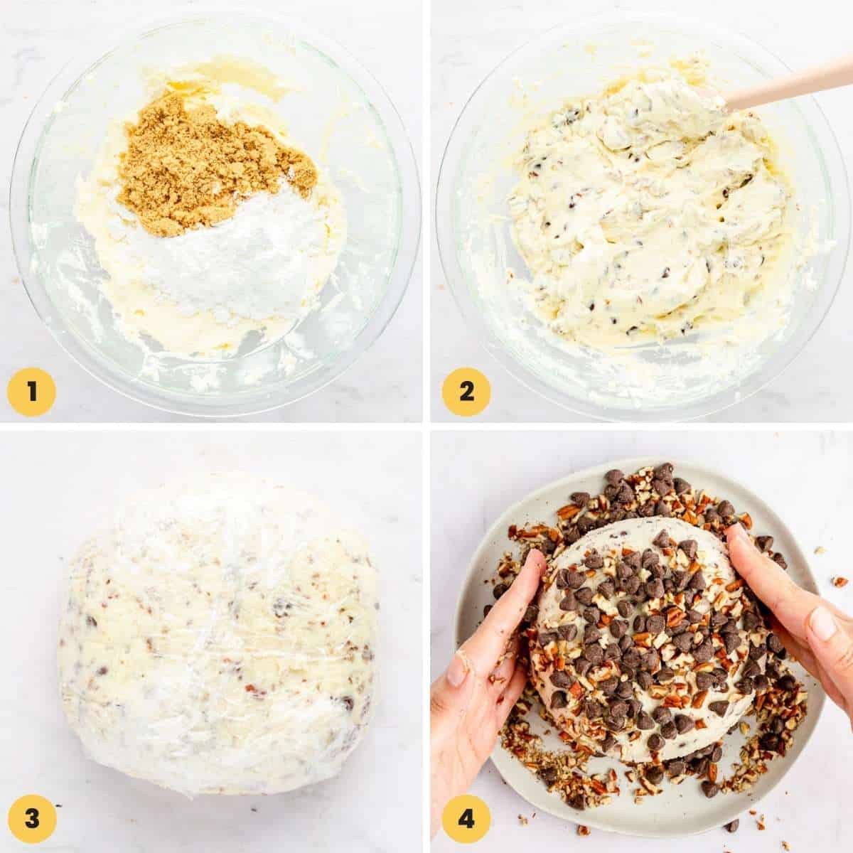 A collage of images showing how to make a chocolate chip cheese ball dessert