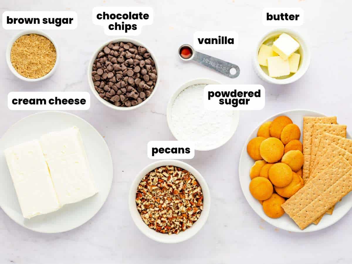 The ingredients needed to make a chocolate chip cheese ball, all in separate bowls. Text boxes label each ingredient