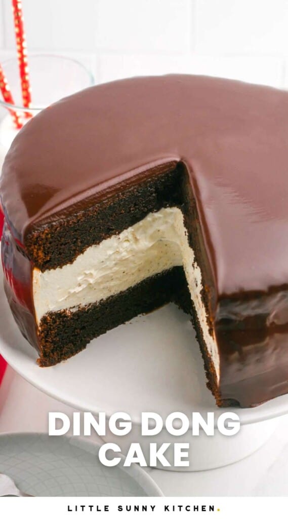 a round chocolate cake with cream filling and chocolate ganache text at bottom of image says "ding dong cake"