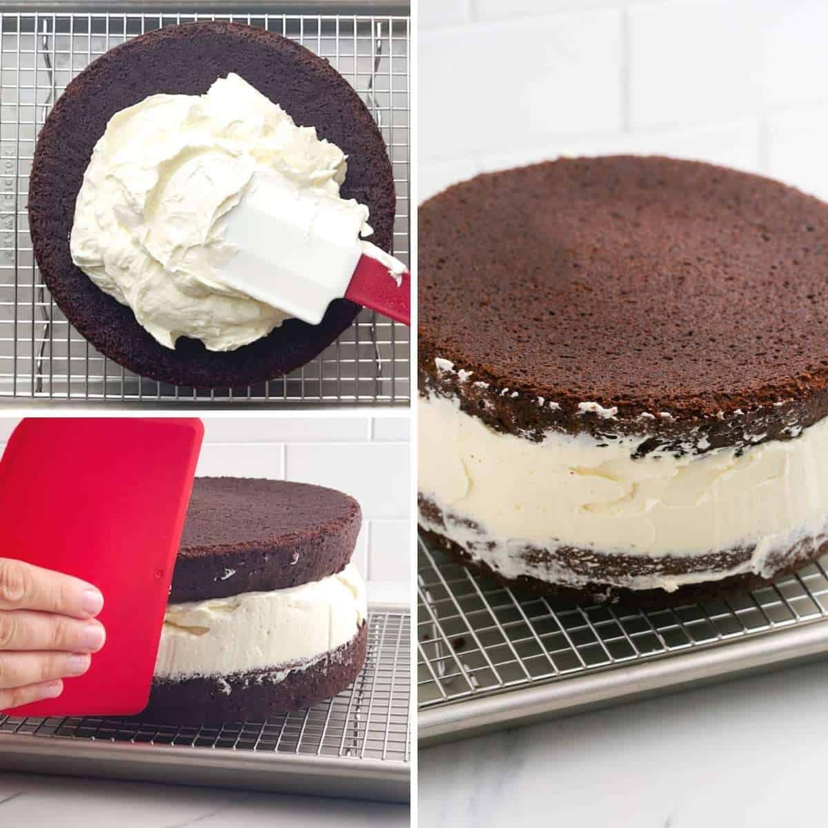 a collage of three images showing how to add a cream filling to chocolate cake.