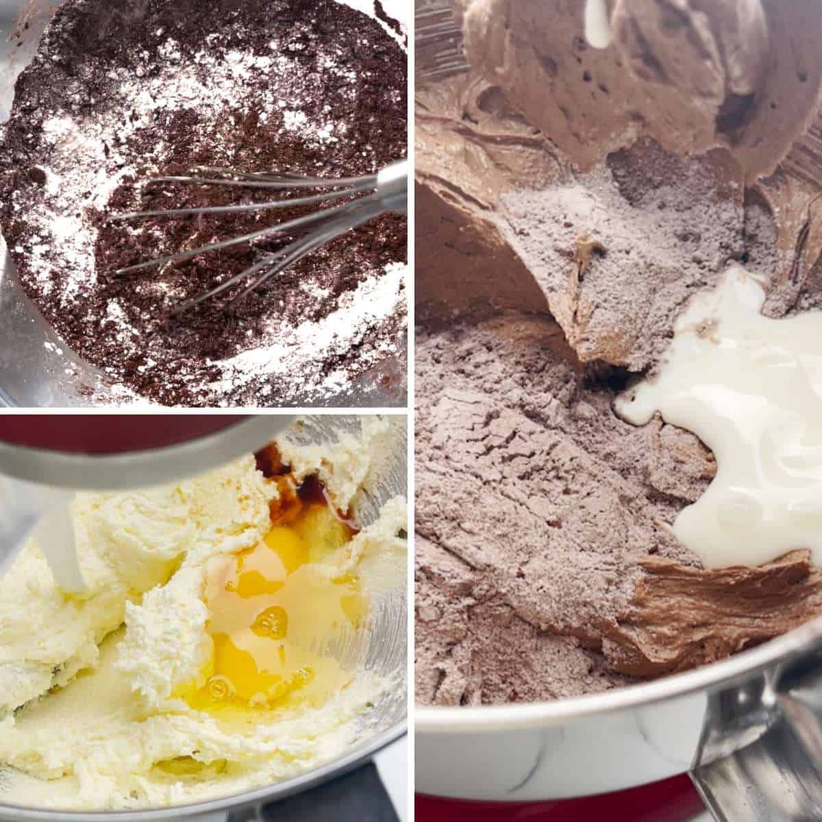 a collage of three images showing how to make chocolate cake in a mixer.