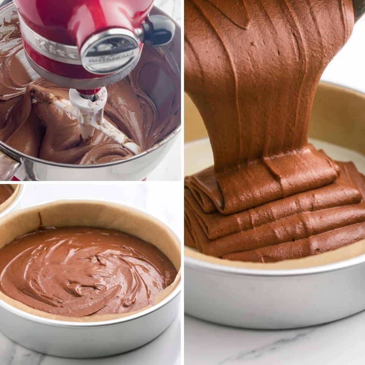 Collage of three images showing how to bake a chocolate cake.