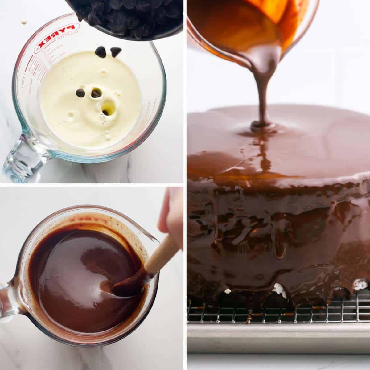 collage of three images showing how to make chocolate ganache and pour it over a ding dong cake.