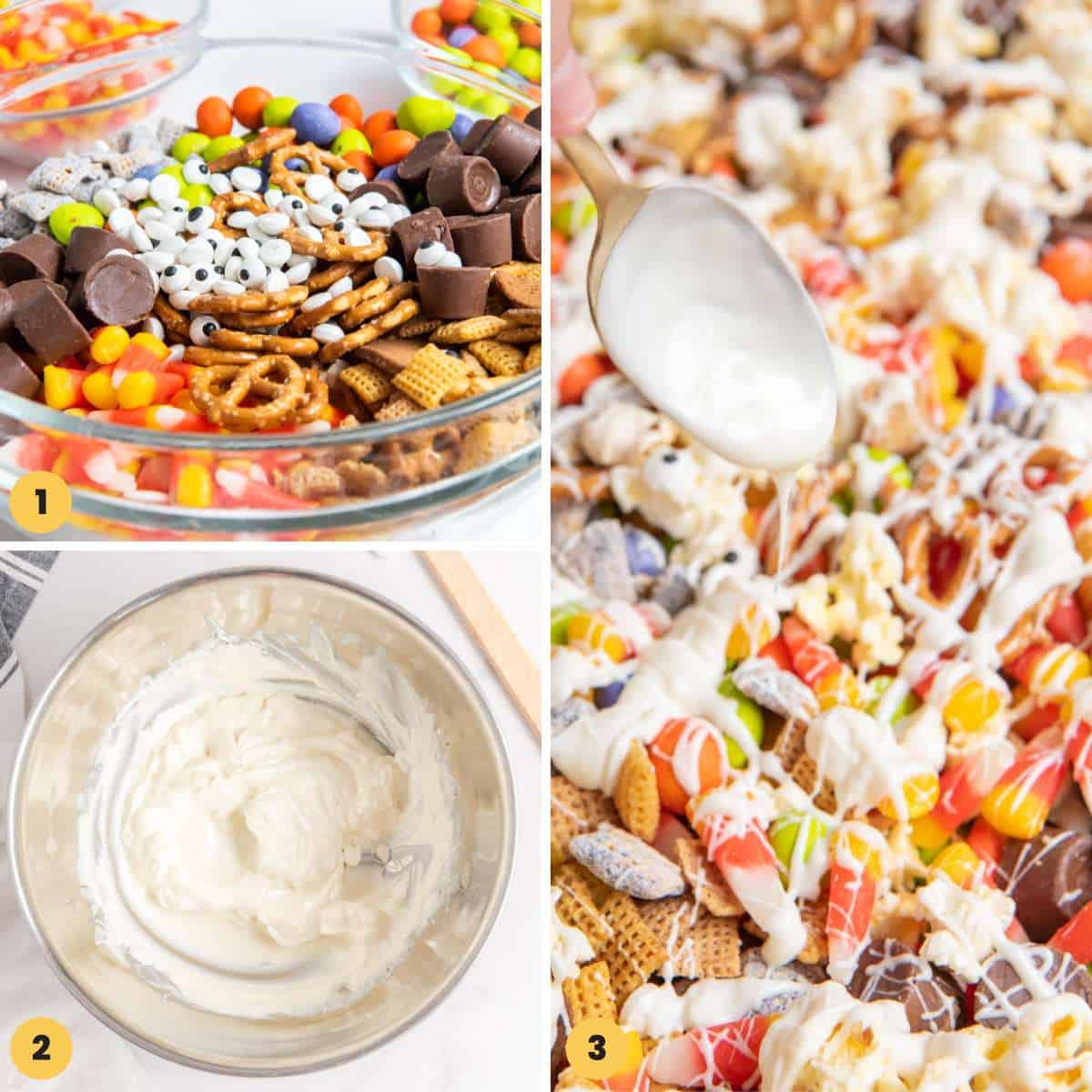 Collage of three images showing how to make halloween chex mix