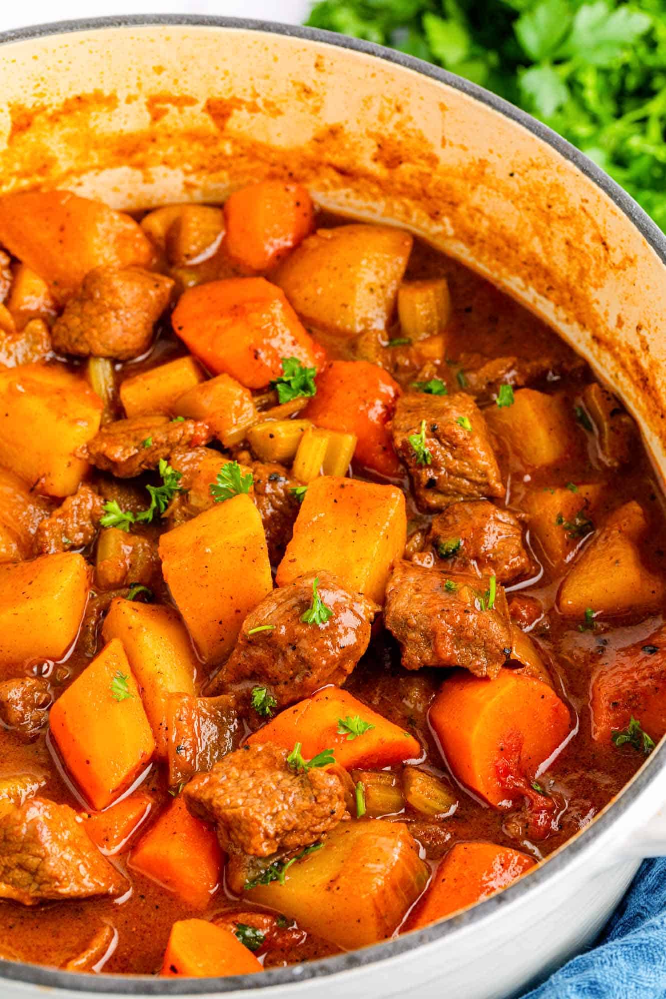 a dutch oven filled with hawaiian beef stew. 