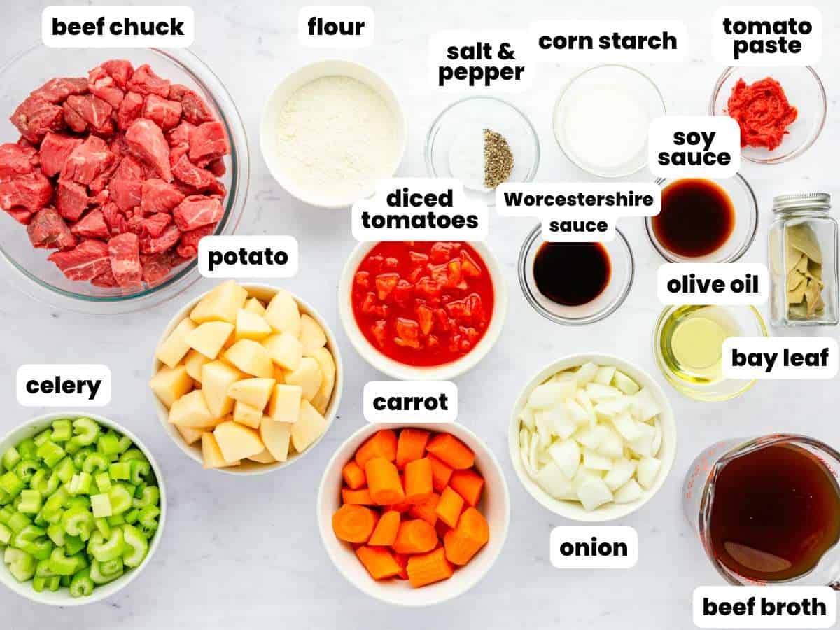 The ingredients for making hawaiian beef stew, all diced and put in small bowls. 
