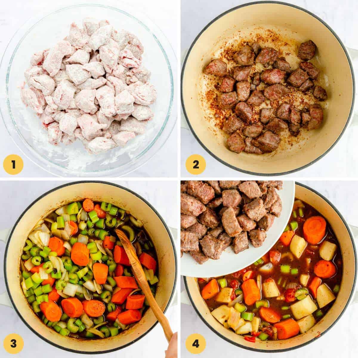 A collage of four images showing how to make beef stew.