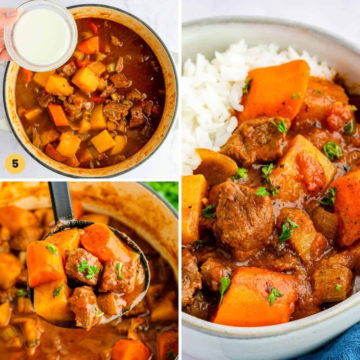 A collage of three images showing how to make and thicken hawaiian beef stew.