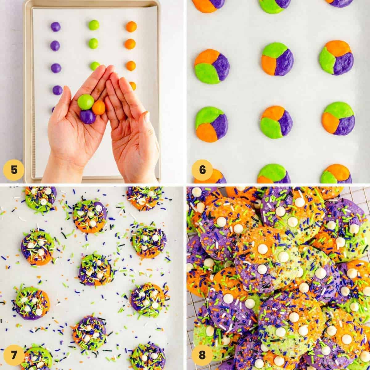 a collage of four photos showing how to make swirled sugar cookies topped with sprinkles for halloween