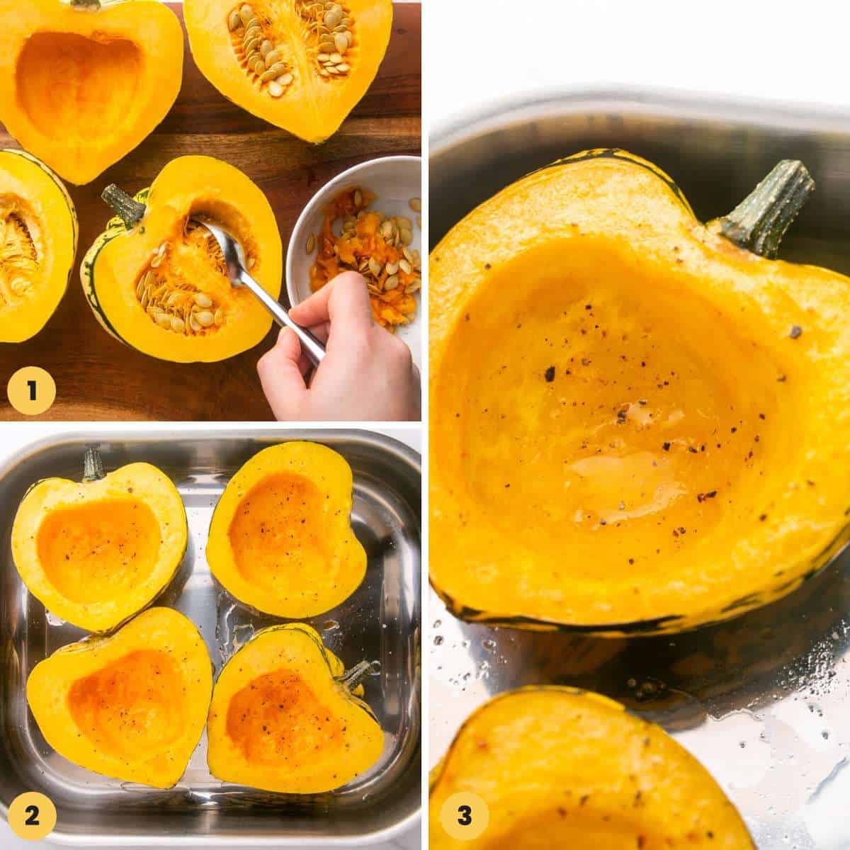 Collage with 3 images showing how to roast acorn squash
