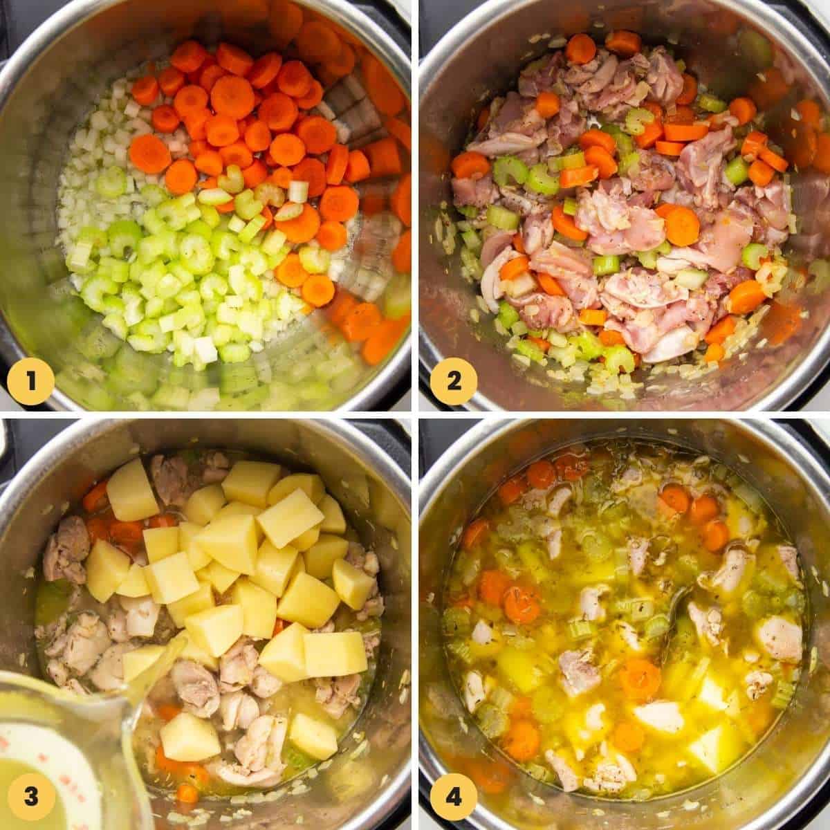 Four images showing how to add ingredients into the instant pot to make chicken stew