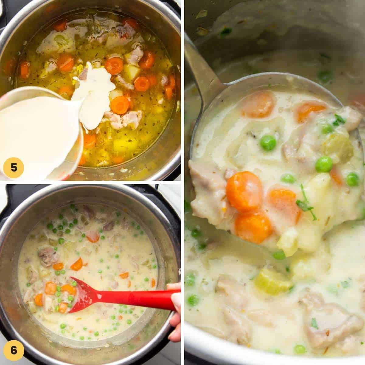 three images showing how to make chicken stew in the instant pot creamy