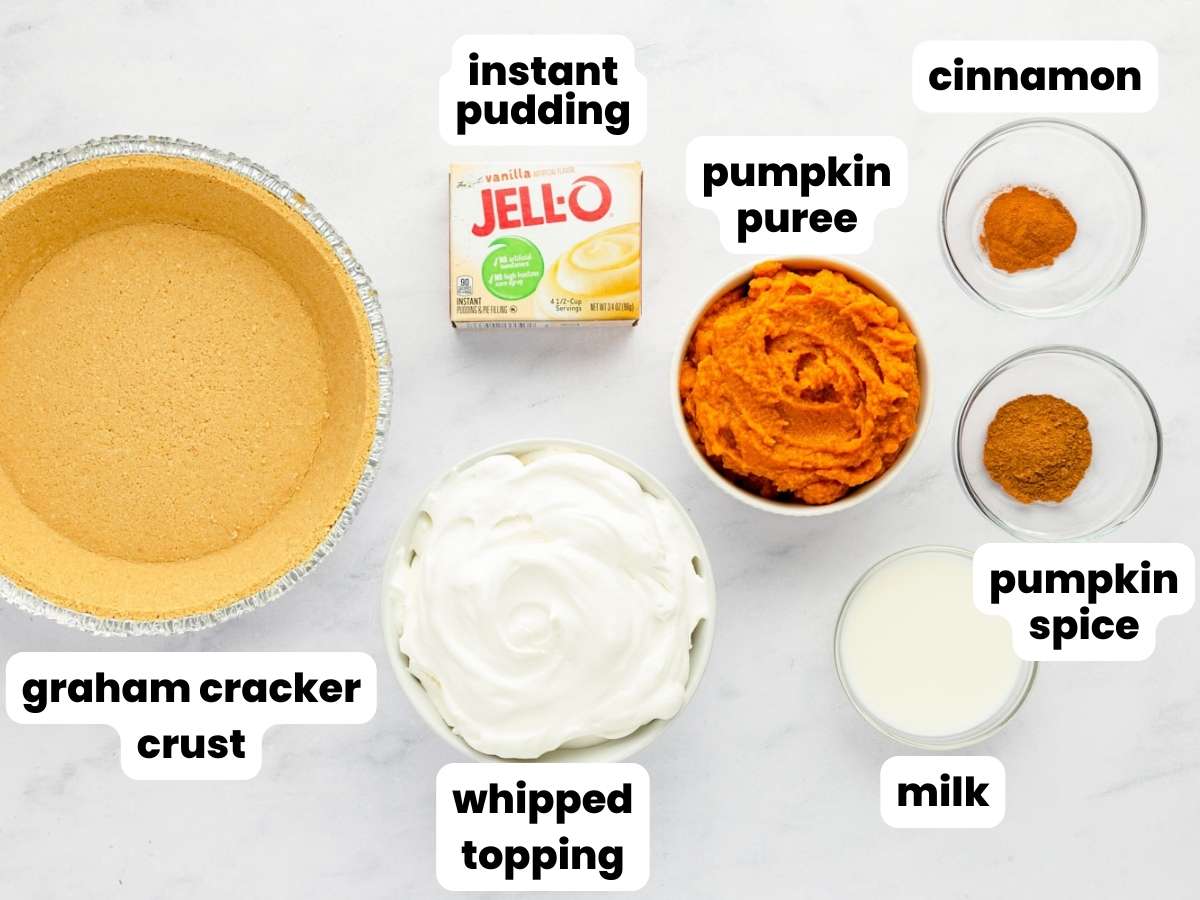 The ingredients needed to make no bake pumpkin pie