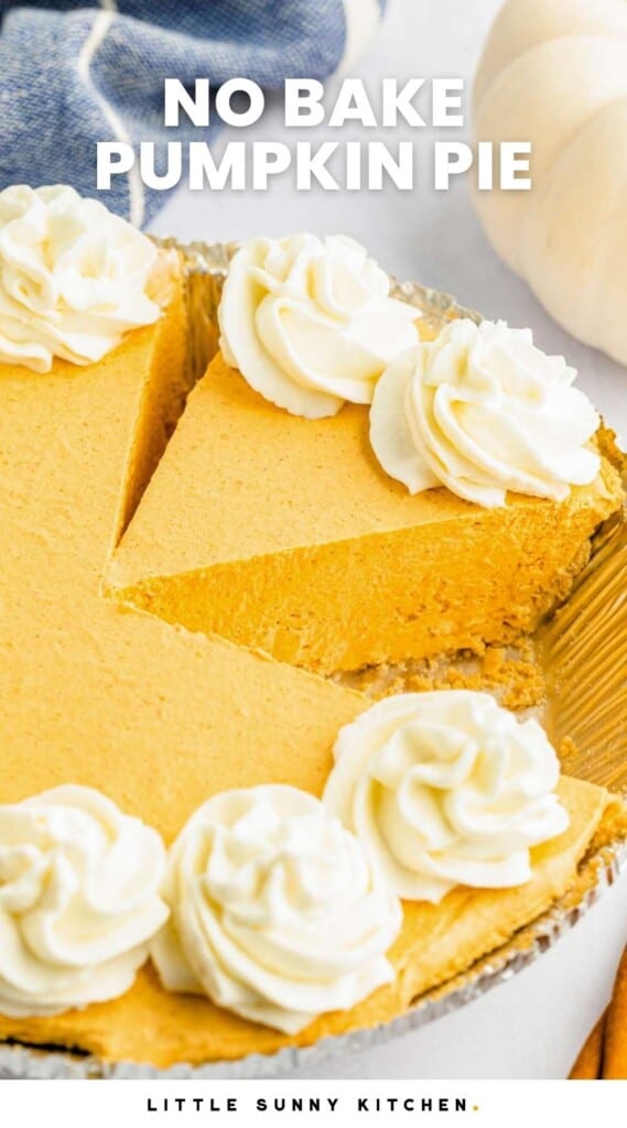 a no bake pumpkin pie in a graham cracker crust metal tin. The pie has a slice removed.