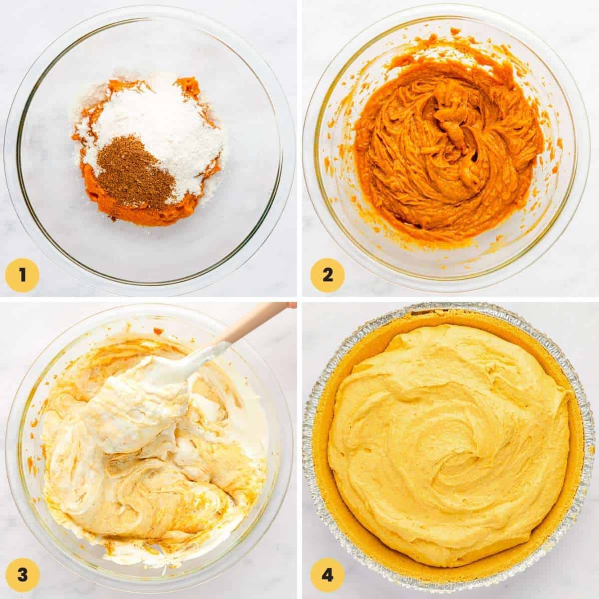 a collage of four images showing steps to make no bake pumpkin pie with graham cracker crust.
