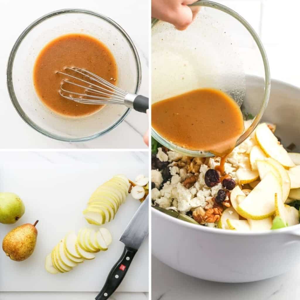 A collage of three photos showing the steps for making pear salad