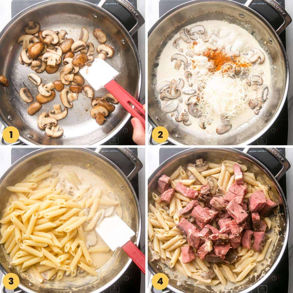 Collage of four images showing how to make prime rib pasta