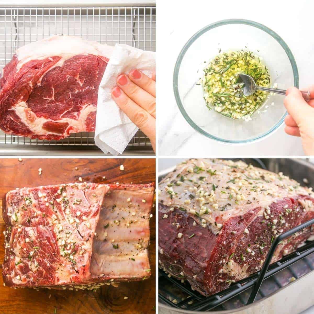 a collage of four images showing how to season and prepare to roast a prime rib roast with a rub