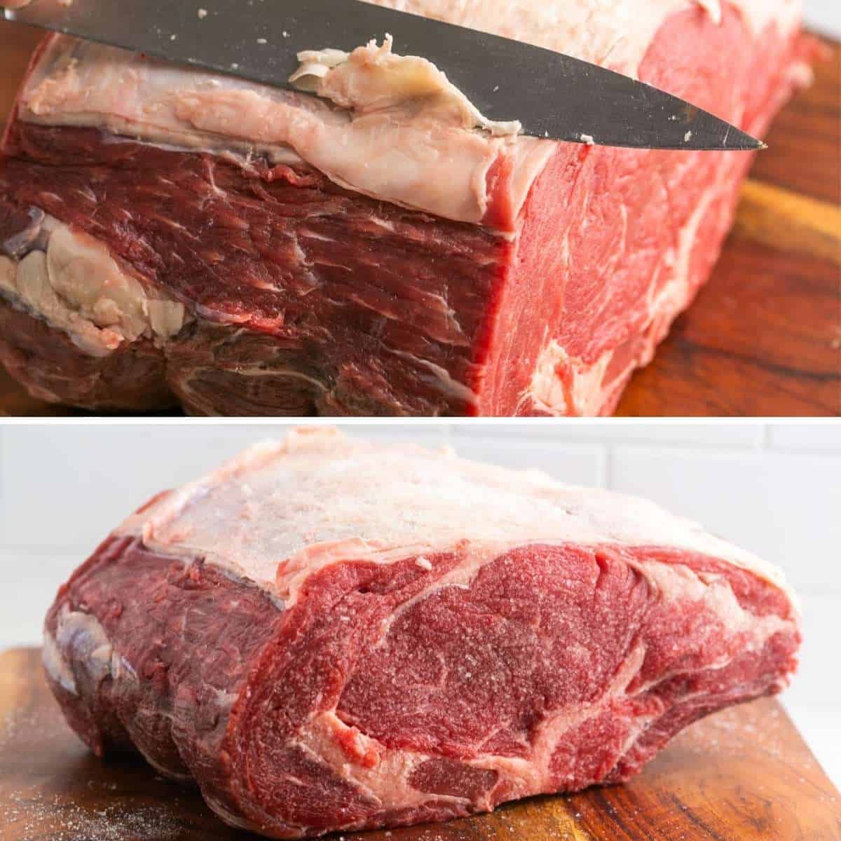 a collage of two images showing how to remove excess fat from a standing rib roast