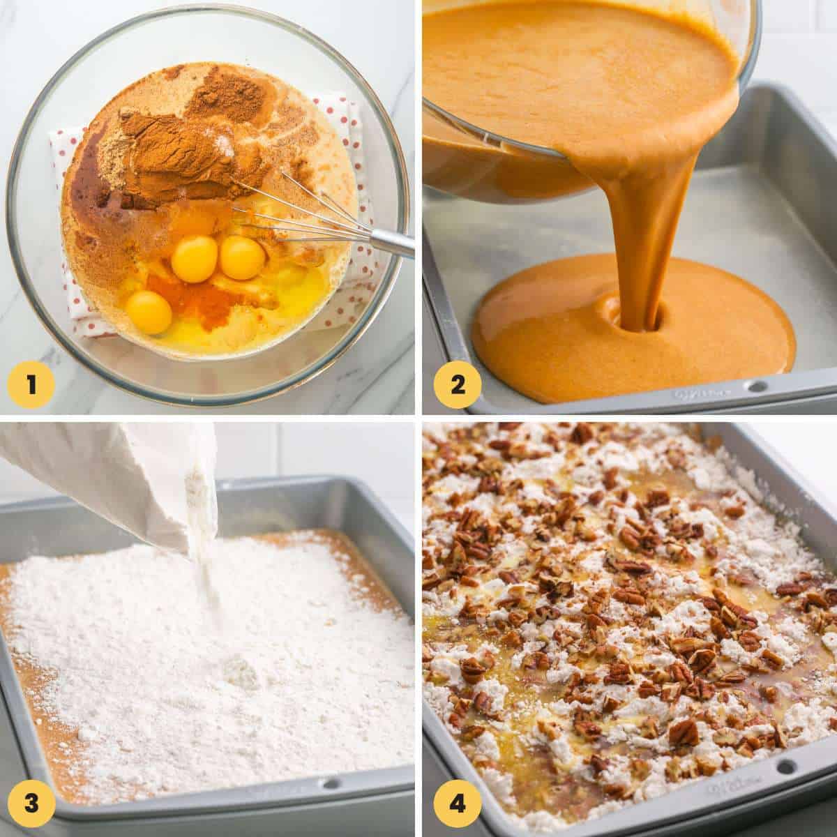 Collage of four images showing how to make pumpkin dump cake