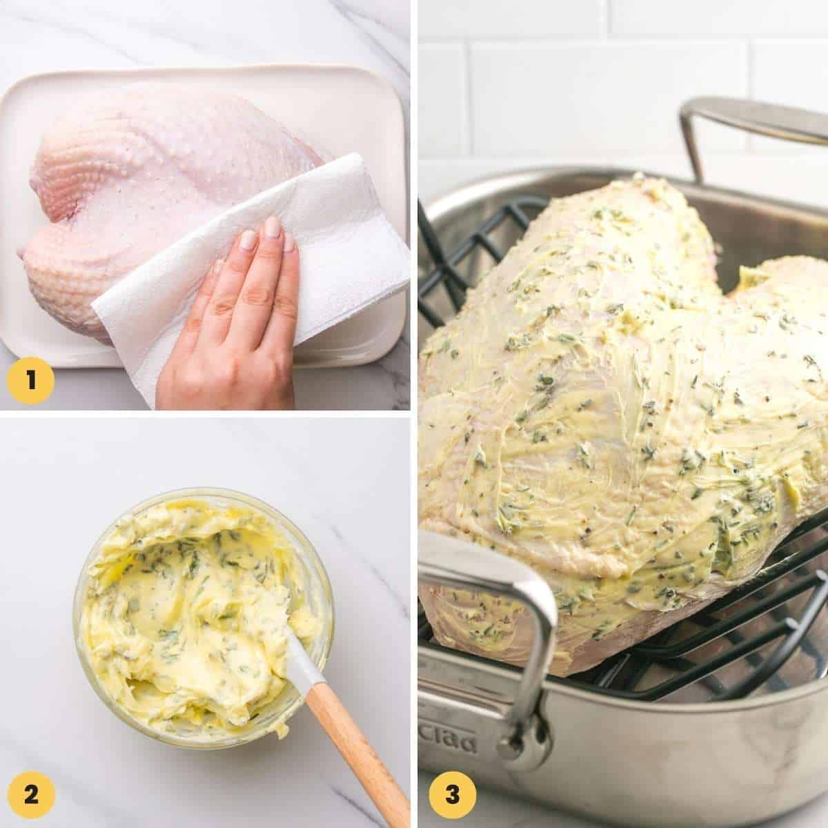 A collage of three images showing how to prep a turkey breast with herb butter for roasting