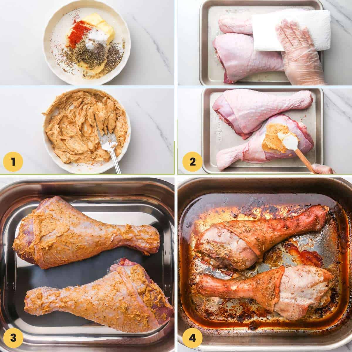 A collage of four images showing how to prepare and roast turkey legs with herb butter