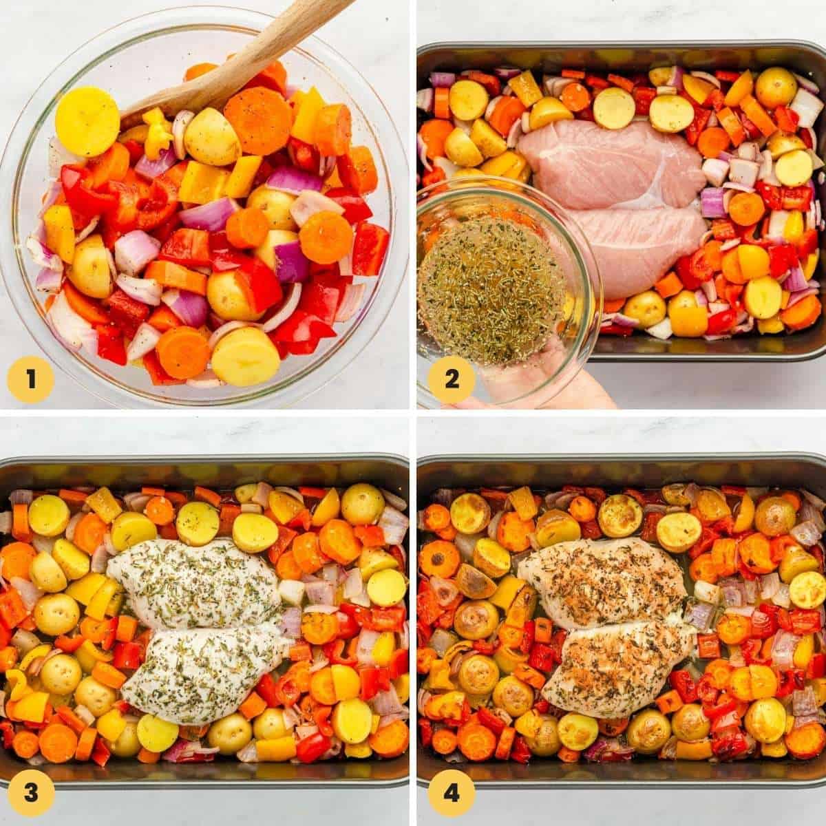 Collage of four images showing how to roast turkey tenderloin with vegetables