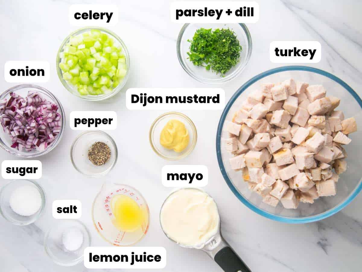 Ingredients needed for making turkey salad including diced turkey, red onion, celery, herbs, mayo, dijon mustard, salt and pepper.